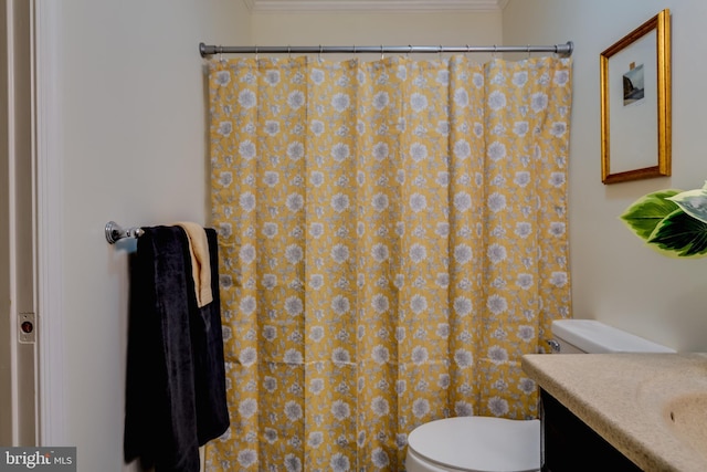 bathroom with crown molding, vanity, and toilet