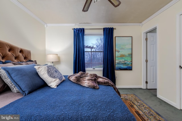 carpeted bedroom featuring ceiling fan and crown molding