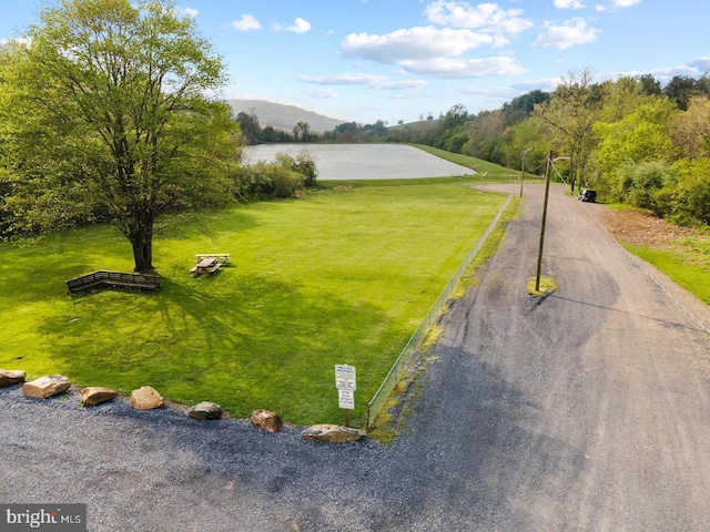 view of community featuring a mountain view and a lawn