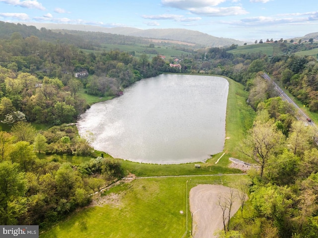 drone / aerial view with a water and mountain view