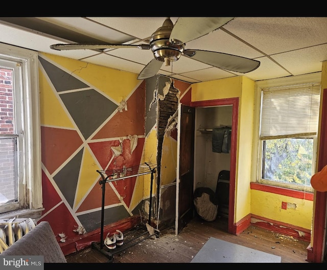 interior space with wood-type flooring, ceiling fan, and plenty of natural light