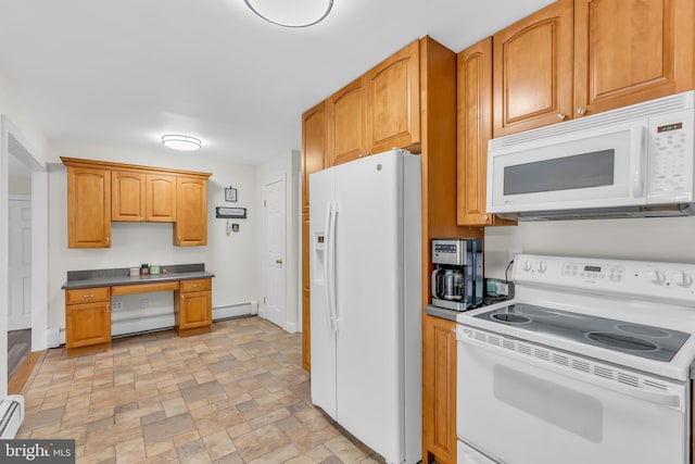 kitchen featuring a baseboard heating unit and white appliances