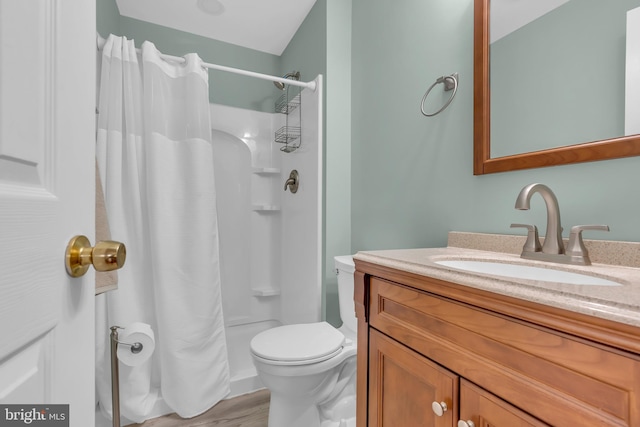 bathroom featuring toilet, curtained shower, vanity, and wood-type flooring