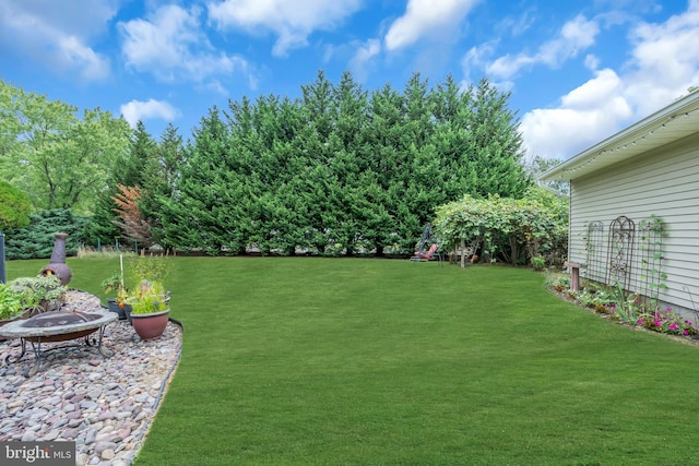 view of yard with a fire pit