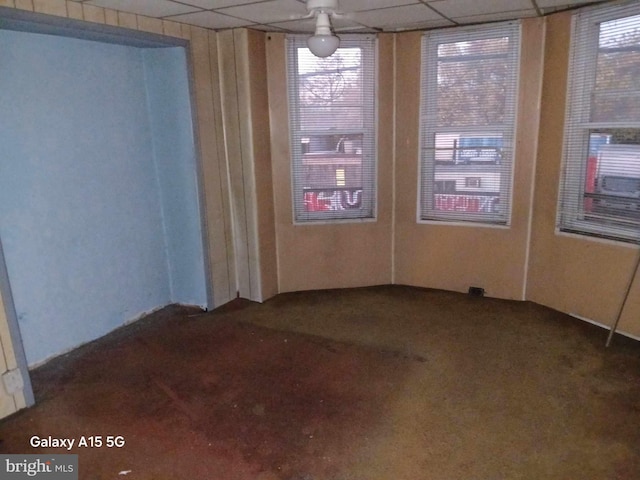 spare room with a wealth of natural light, ceiling fan, and a paneled ceiling