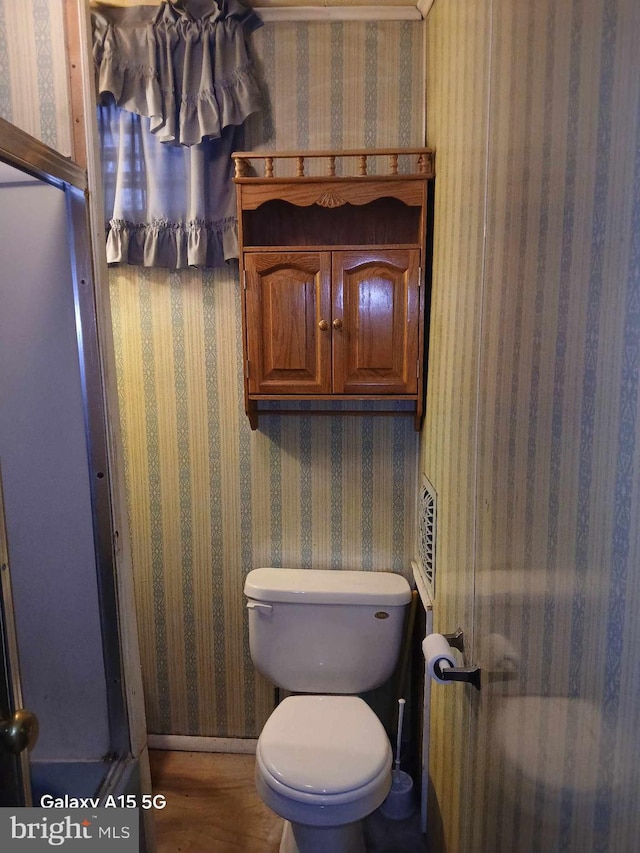 bathroom with wood-type flooring and toilet