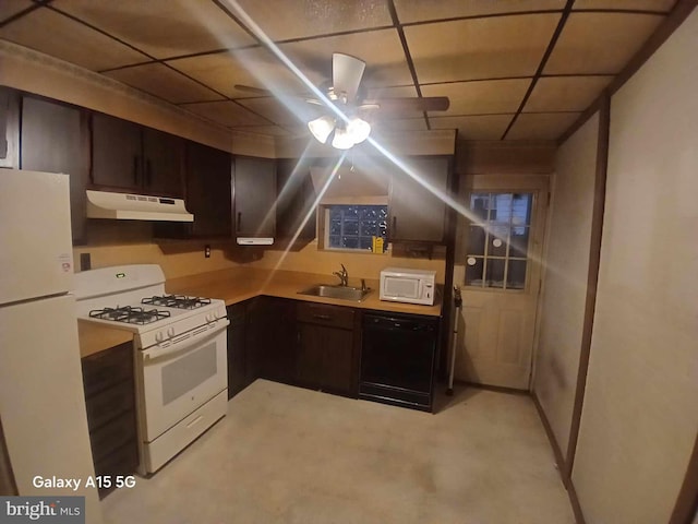 kitchen with white appliances, dark brown cabinetry, sink, a drop ceiling, and ceiling fan