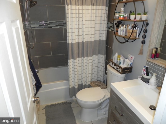 full bathroom featuring vanity, backsplash, tile patterned flooring, toilet, and shower / bathtub combination with curtain