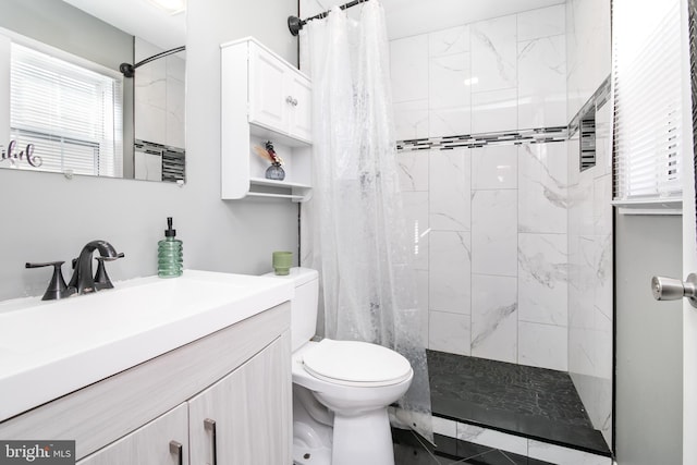 bathroom featuring toilet, vanity, and walk in shower