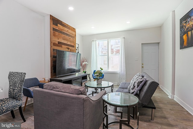 living room with dark wood-type flooring