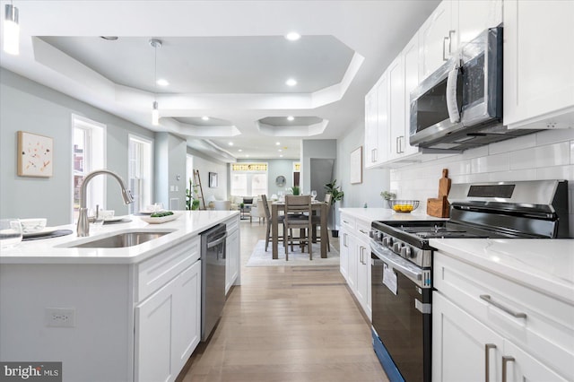 kitchen with stainless steel appliances, a healthy amount of sunlight, sink, and light hardwood / wood-style flooring