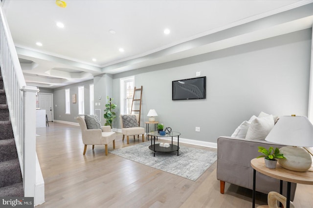 living room with light wood-type flooring and ornamental molding