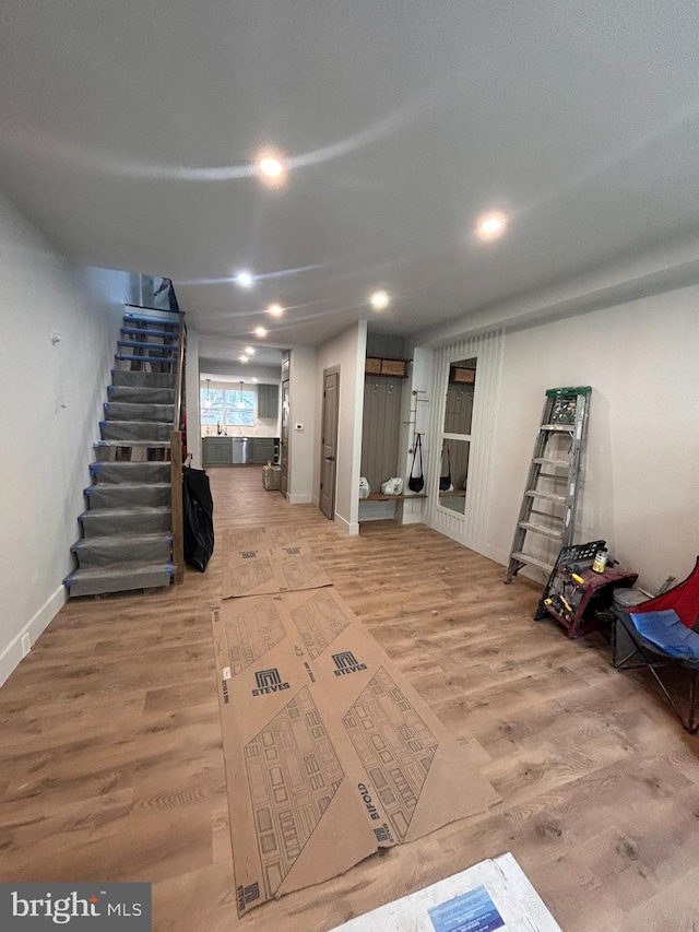 basement featuring hardwood / wood-style floors