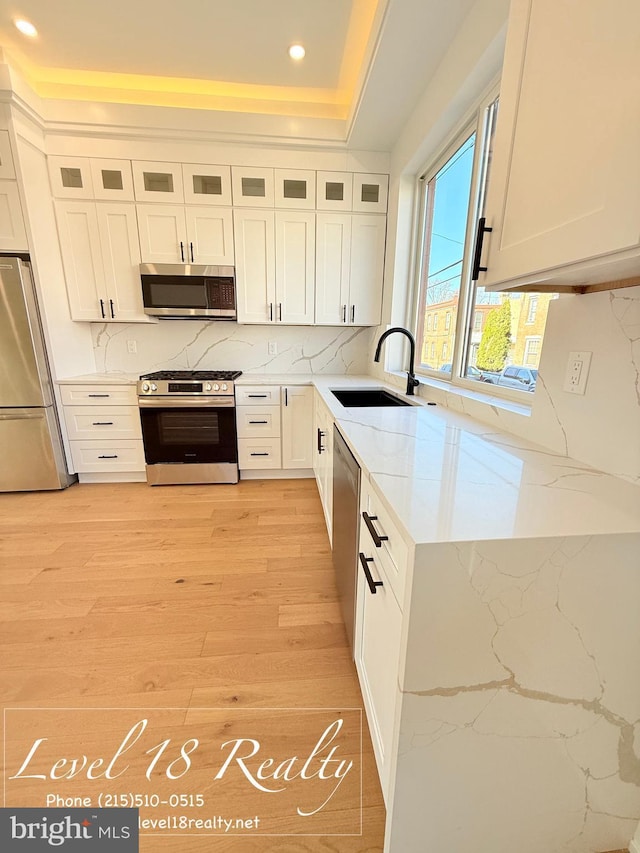 kitchen featuring light stone countertops, light wood-style flooring, a sink, and stainless steel appliances
