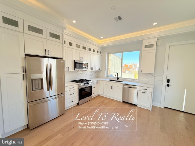kitchen with a raised ceiling, a sink, appliances with stainless steel finishes, and light wood-type flooring
