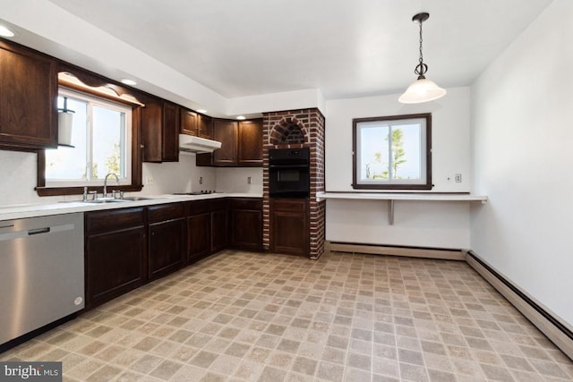 kitchen featuring oven, stainless steel dishwasher, a baseboard heating unit, a sink, and under cabinet range hood