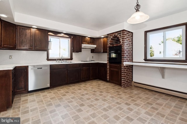 kitchen featuring decorative light fixtures, dark brown cabinets, sink, dishwasher, and oven