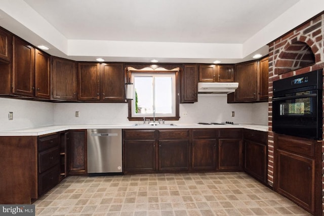 kitchen with sink, black oven, white cooktop, dark brown cabinets, and dishwasher