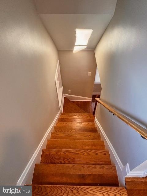 staircase with hardwood / wood-style flooring