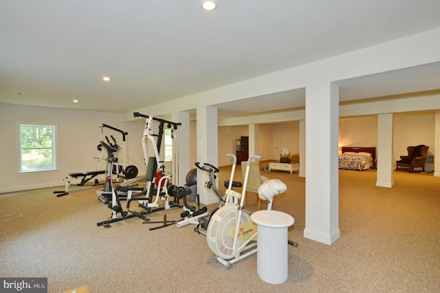 exercise area with light colored carpet