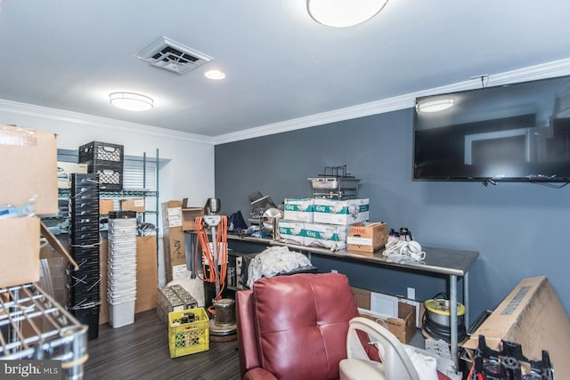 office featuring dark wood-type flooring and crown molding