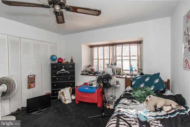 bedroom featuring a closet, carpet flooring, and ceiling fan