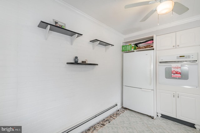 kitchen with white cabinets, ornamental molding, ceiling fan, baseboard heating, and white appliances