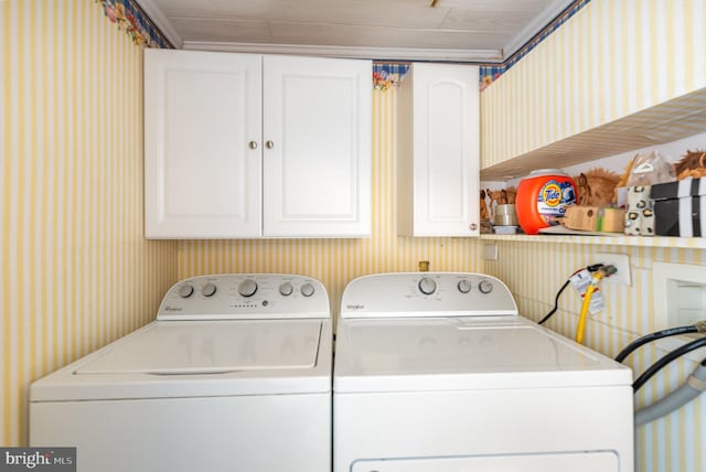 laundry room with cabinets and washer and clothes dryer