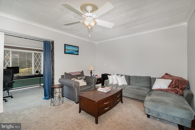 living room featuring crown molding, light carpet, and ceiling fan