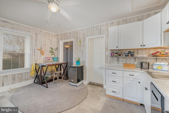 kitchen with sink, dishwasher, ceiling fan, ornamental molding, and white cabinets