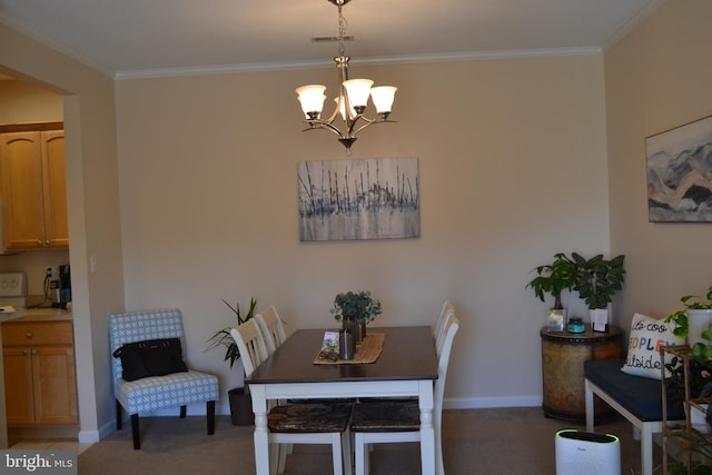 dining space with dark colored carpet, crown molding, and a notable chandelier