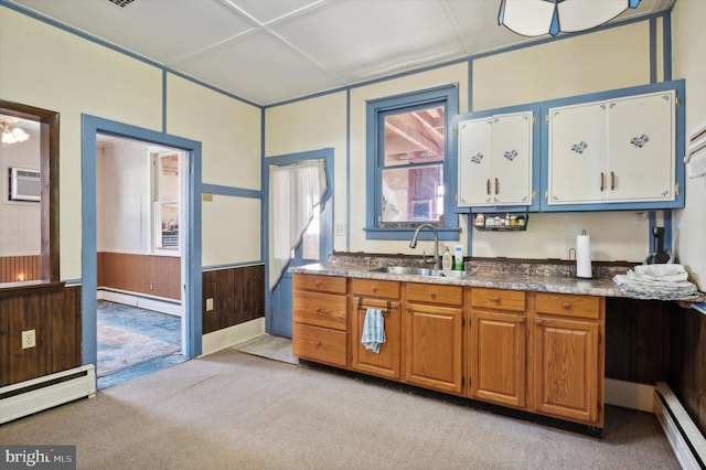 kitchen featuring a baseboard radiator, sink, light carpet, and wood walls