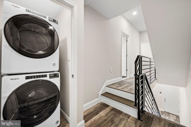 2442 Nicholas St, Philadelphia, PA 19121 - clothes washing area with recessed lighting, baseboards, stacked washer and dryer, wood finished floors, and laundry area