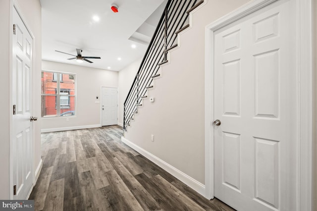2442 Nicholas St, Philadelphia, PA 19121 - corridor with stairway, baseboards, dark wood-style floors, and recessed lighting