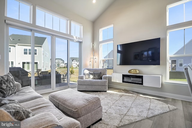 living room with hardwood / wood-style floors, a wealth of natural light, and high vaulted ceiling