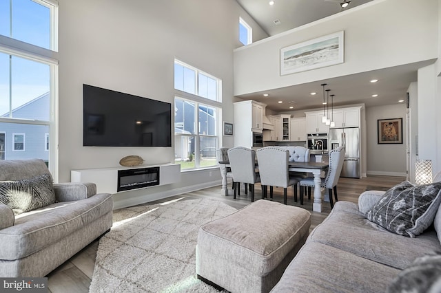 living room with a high ceiling and light hardwood / wood-style floors