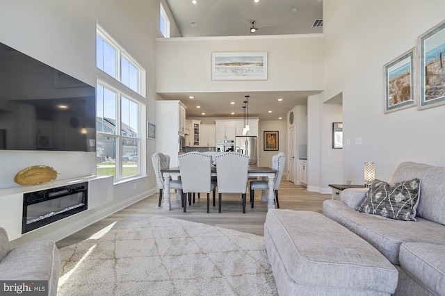 living room with a high ceiling and light hardwood / wood-style floors