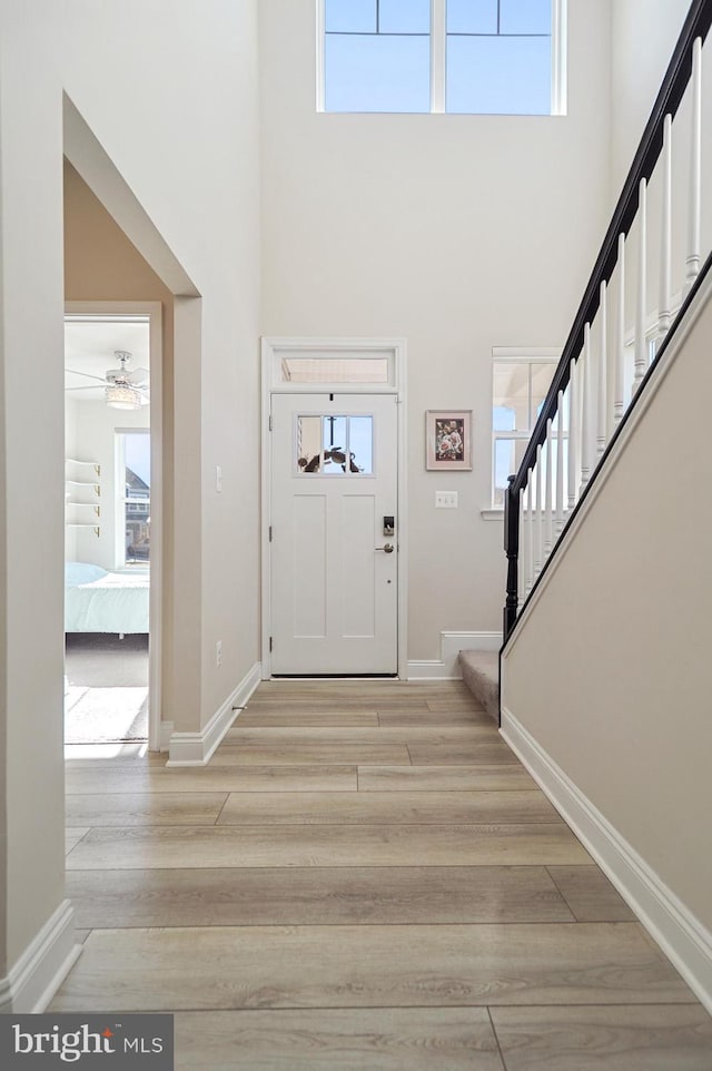 entrance foyer featuring light hardwood / wood-style floors, a healthy amount of sunlight, and a towering ceiling