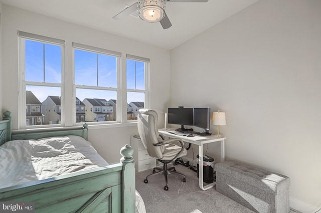 office with ceiling fan, lofted ceiling, and carpet