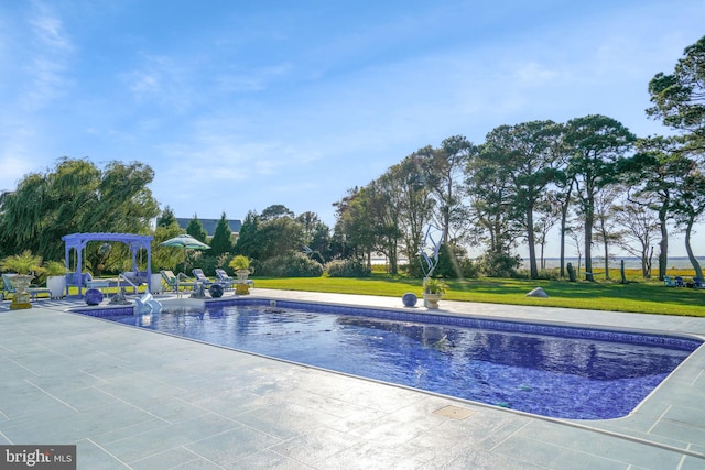 view of swimming pool featuring a yard and a patio