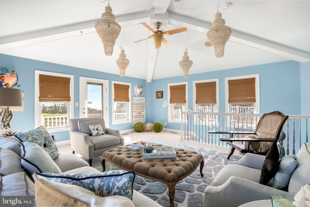 carpeted living room featuring vaulted ceiling with beams and ceiling fan