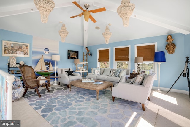 carpeted living room with beam ceiling, high vaulted ceiling, and ceiling fan with notable chandelier