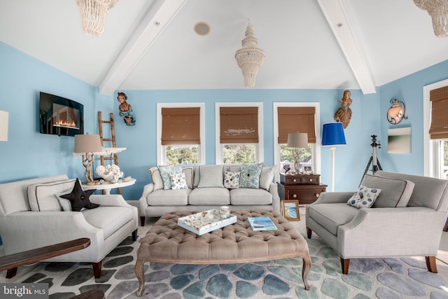 living room featuring lofted ceiling with beams