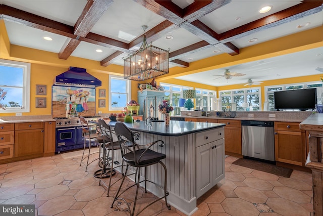 11209 Woodside Dr, Berlin, MD 21811 - kitchen with a wealth of natural light, stainless steel appliances, and coffered ceiling