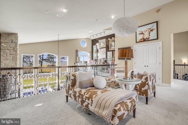 living area with light carpet and high vaulted ceiling