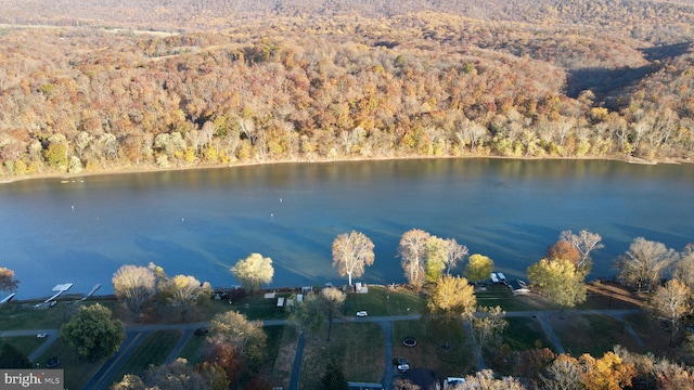 drone / aerial view featuring a water view