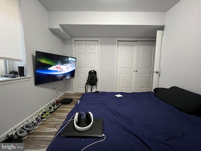 bedroom with a closet and hardwood / wood-style flooring