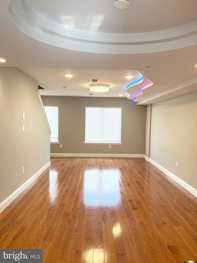 unfurnished room with a raised ceiling and wood-type flooring