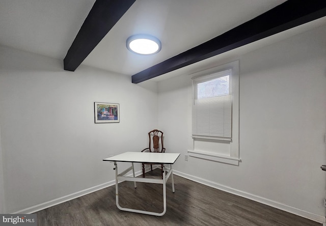 home office with dark wood-type flooring and beam ceiling