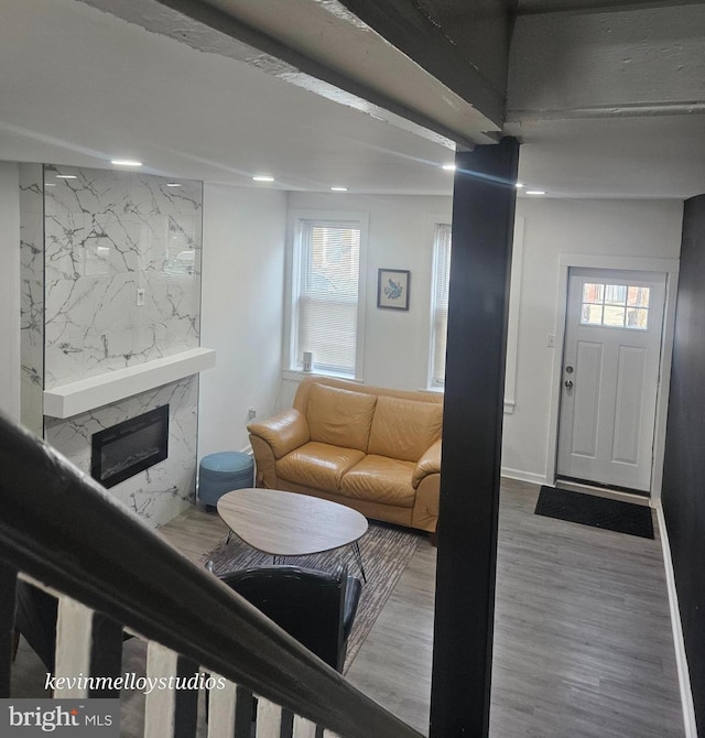 living room featuring wood-type flooring and a high end fireplace